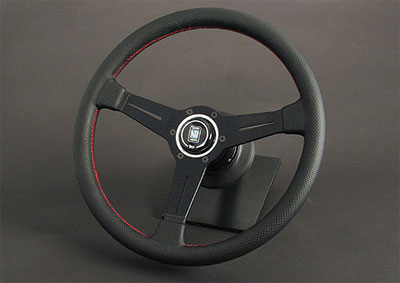 Nardi Classic 360mm Black Perforated Leather and Red Stitch